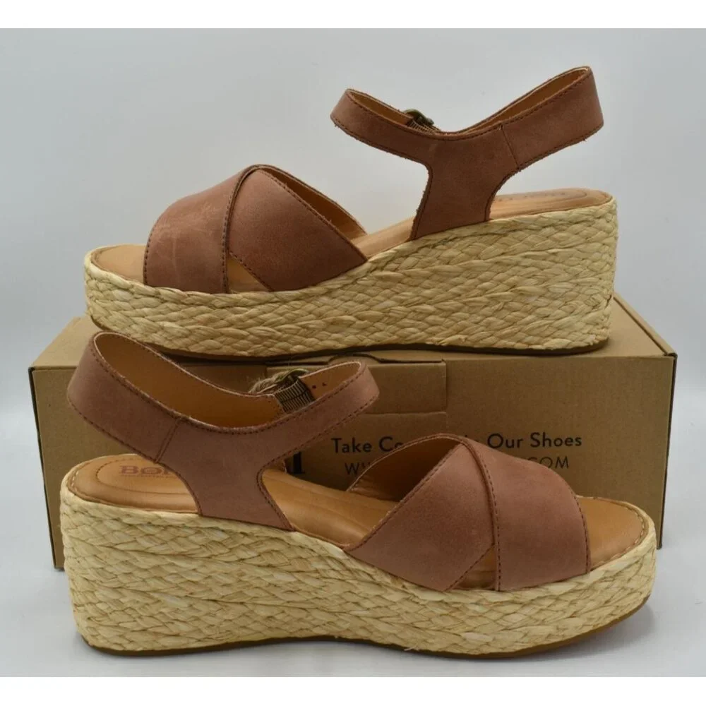 Born Womens Size 11 Moriah Brown Full Grain Leather Espadrille‎ Wedge Sandals